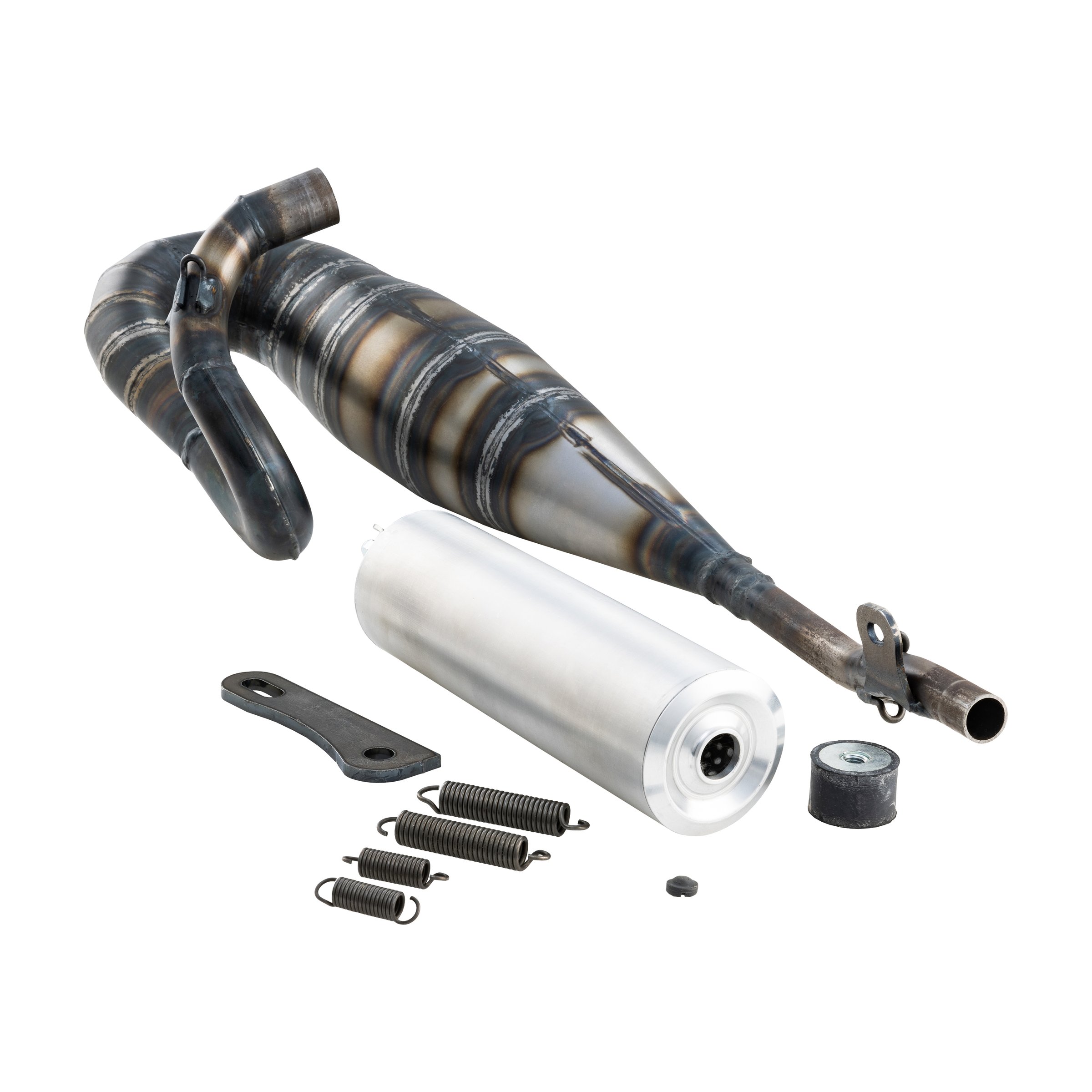 Image of Rennauspuff QUATTRINI, Material: Stahl, Dämpfer: Aluminium Farbe (ESD): silber für PIAGGIO CIAO/PX/SC/Bravo 50ccm 2T AC für PIAGGIO CIAO/PX/SC/Bravo 50ccm 2T AC