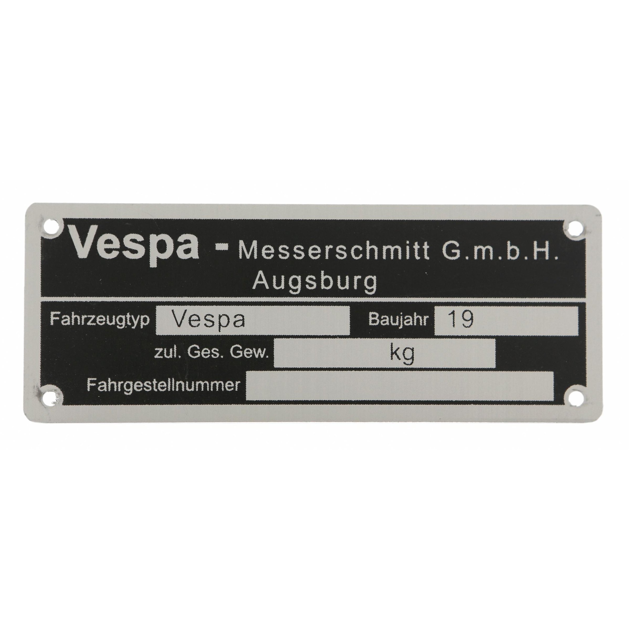 Image of Typenschild "Vespa-Messerschmitt GmbH Augsburg" für Vespa alle dt. Modelle '55-'57 für Vespa alle dt. Modelle '55-'57