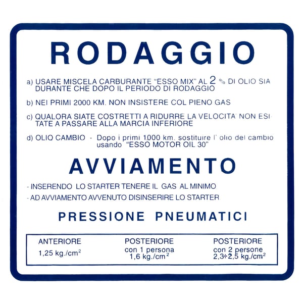 Image of Aufkleber Einfahrvorschrift, RODAGGIO für Vespa 50 SS/90 SS