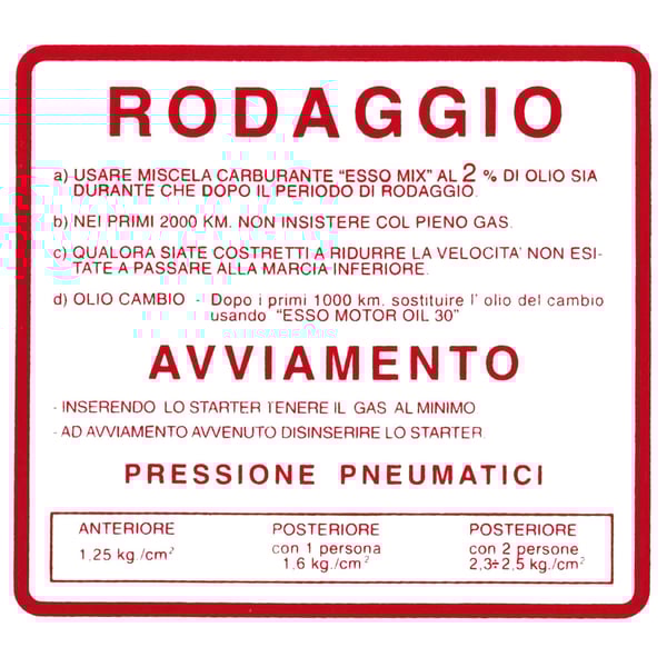 Image of Aufkleber Einfahrvorschrift, RODAGGIO für Vespa 50 SS/90 SS