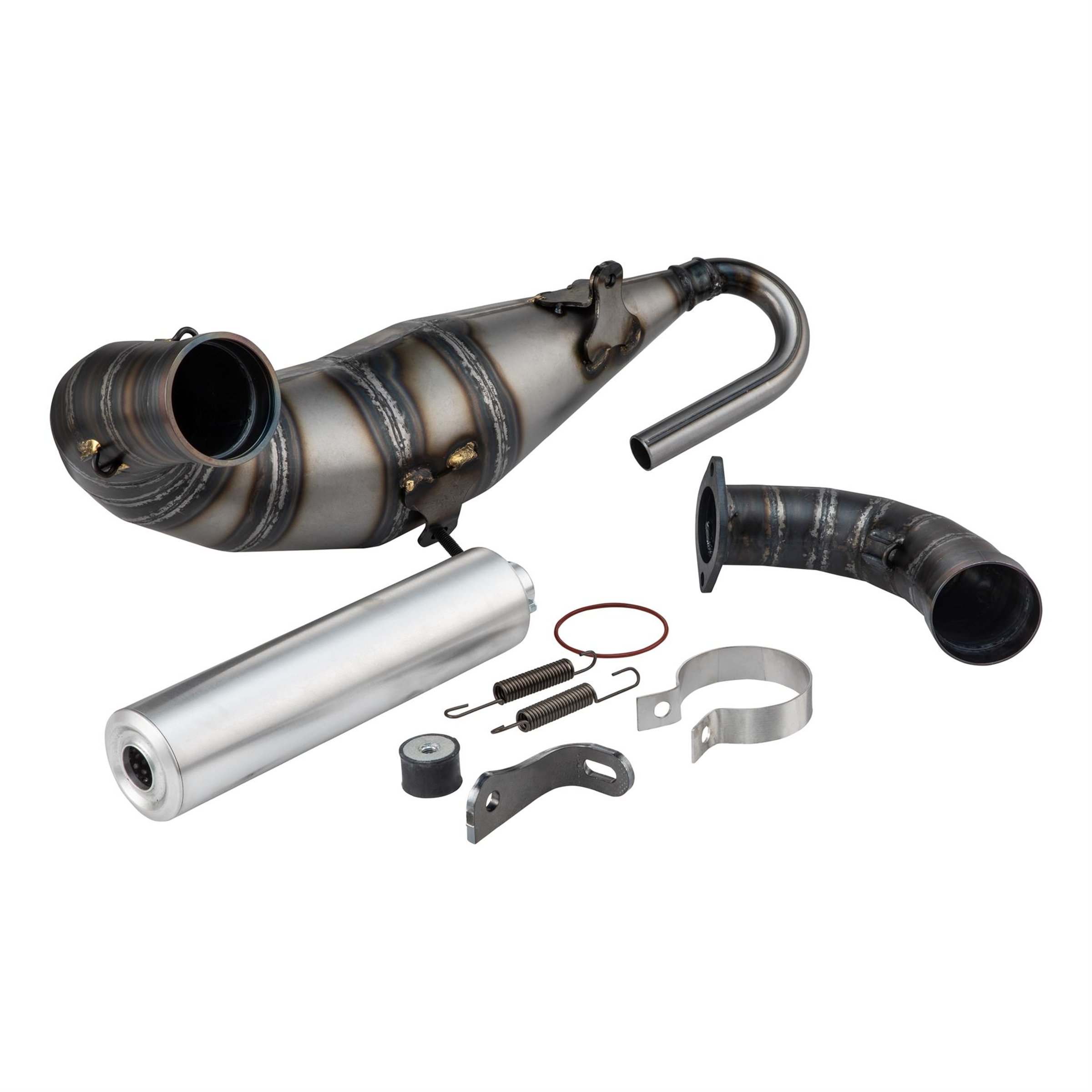Image of Rennauspuff QUATTRINI M3-200-S, Material: Stahl klarlackiert, Dämpfer: Aluminium Farbe (ESD): silber für Vespa 90/R/SS/100/125/PV/ET3 für Vespa 90/R/SS/100/125/PV/ET3