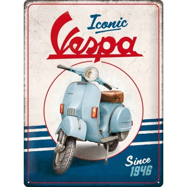 Image of Blechschild mit Motiv Vespa - Iconic since 1946 Motorroller blau/weiß