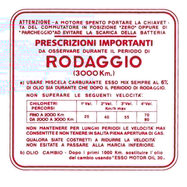 Image of Aufkleber Einfahrvorschrift, RODAGGIO für Vespa 150 GS