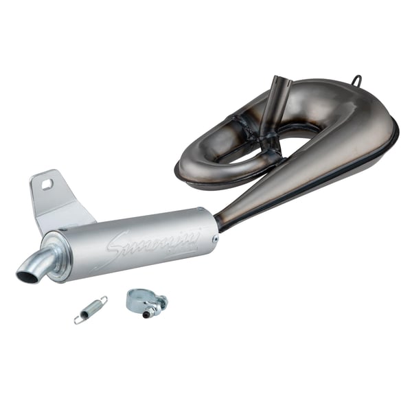 Image of Rennauspuff SIMONINI Serpentone, Stahl klarlackiert, Dämpfer: Aluminium Farbe (ESD): silber für PIAGGIO Ciao/Boxer/Bravo 50ccm 2T AC