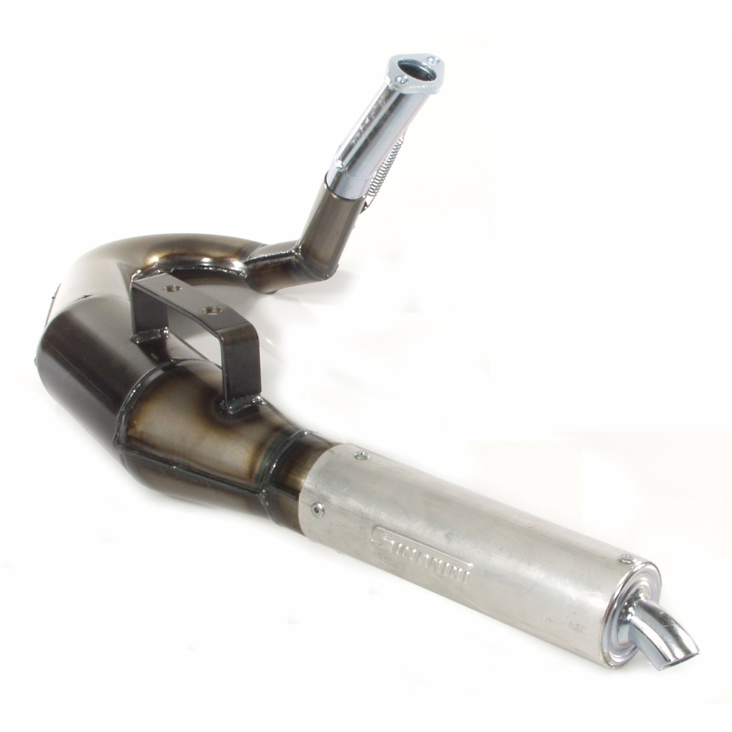 Image of Rennauspuff SIMONINI 180°, Material: Stahl klarlackiert, Dämpfer: Aluminium Farbe (ESD): silber für Vespa 90/R/SS/100/125/PV/ET3 für Vespa 90/R/SS/100/125/PV/ET3