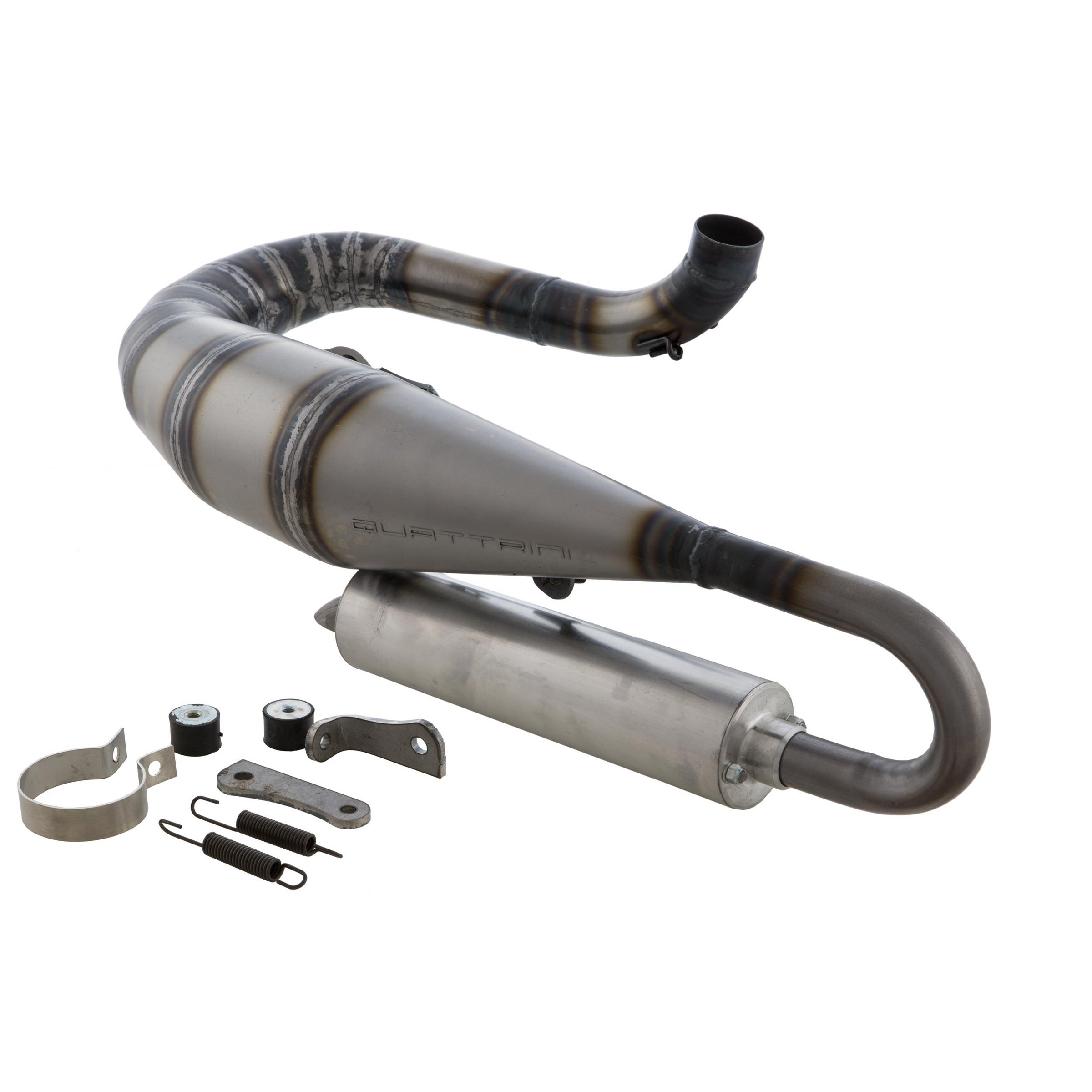 Image of Rennauspuff QUATTRINI M3PX, Material: Stahl klarlackiert, Dämpfer: Aluminium Farbe (ESD): silber für Vespa 125 GT/GTR/TS/150 GL/Sprint/V/PX80-150/PE/Lusso/Cosa 1 für Vespa 125 GT/GTR/TS/150 GL/Sprint/V/PX80-150/PE/Lusso/Cosa 1