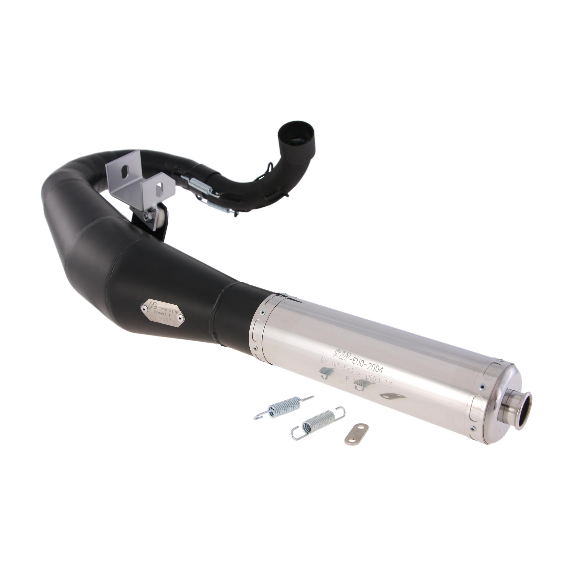 Image of Rennauspuff RZ EVO 2000, Material: Stahl schwarz, Dämpfer: Edelstahl Farbe (ESD): silber für Vespa 200 Rally/P200E/PX200 E/Lusso/'98/MY/Cosa 1 200 für Vespa 200 Rally/P200E/PX200 E/Lusso/'98/MY/Cosa 1 200
