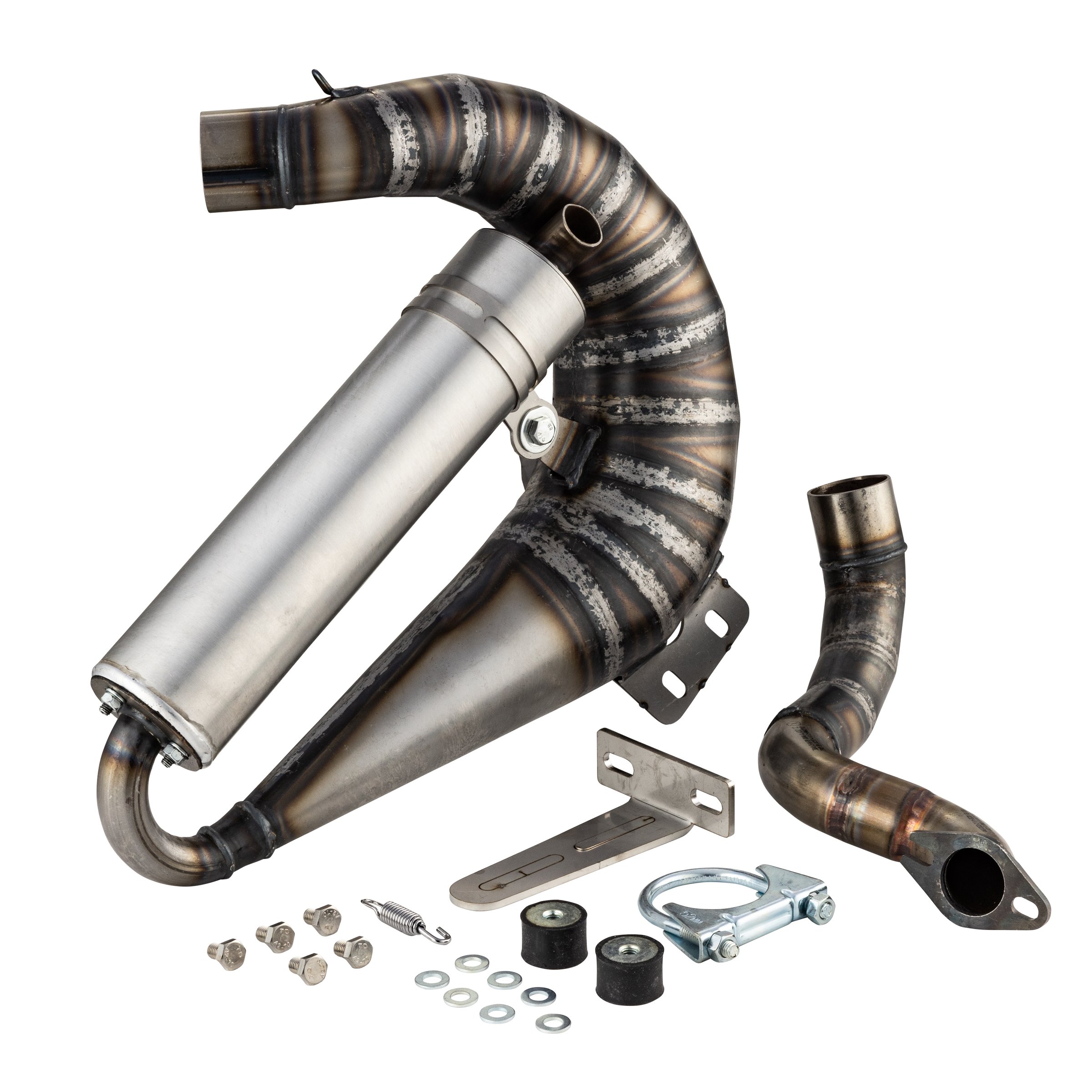 Image of Rennauspuff EGIG Performance UNISEX CURLY, Material: Stahl unlackiert, Dämpfer: Aluminium Farbe (ESD): silber für Vespa 90/R/SS/100/125 VMA1T für Vespa 90/R/SS/100/125 VMA1T