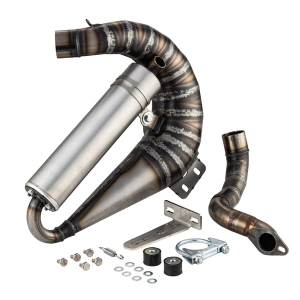 Image of Rennauspuff EGIG Performance UNISEX CURLY, Stahl unlackiert, Dämpfer: Aluminium Farbe (ESD): silber für Vespa 90/R/SS/100/125 VMA1T