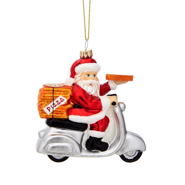 Image of Christbaumschmuck mit Motiv Santa auf Motorroller mit Pizza rot/silber