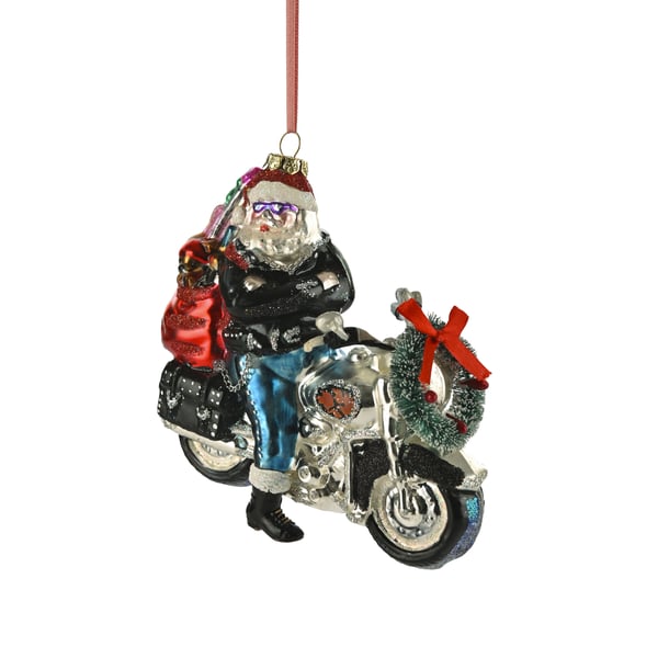 Image of Christbaumschmuck mit Motiv Santa Rocker auf Motorrad schwarz/silber