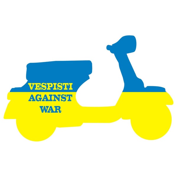 Image of Aufkleber mit Motiv "Vespisti against War", Vespa in Ukraine Farben