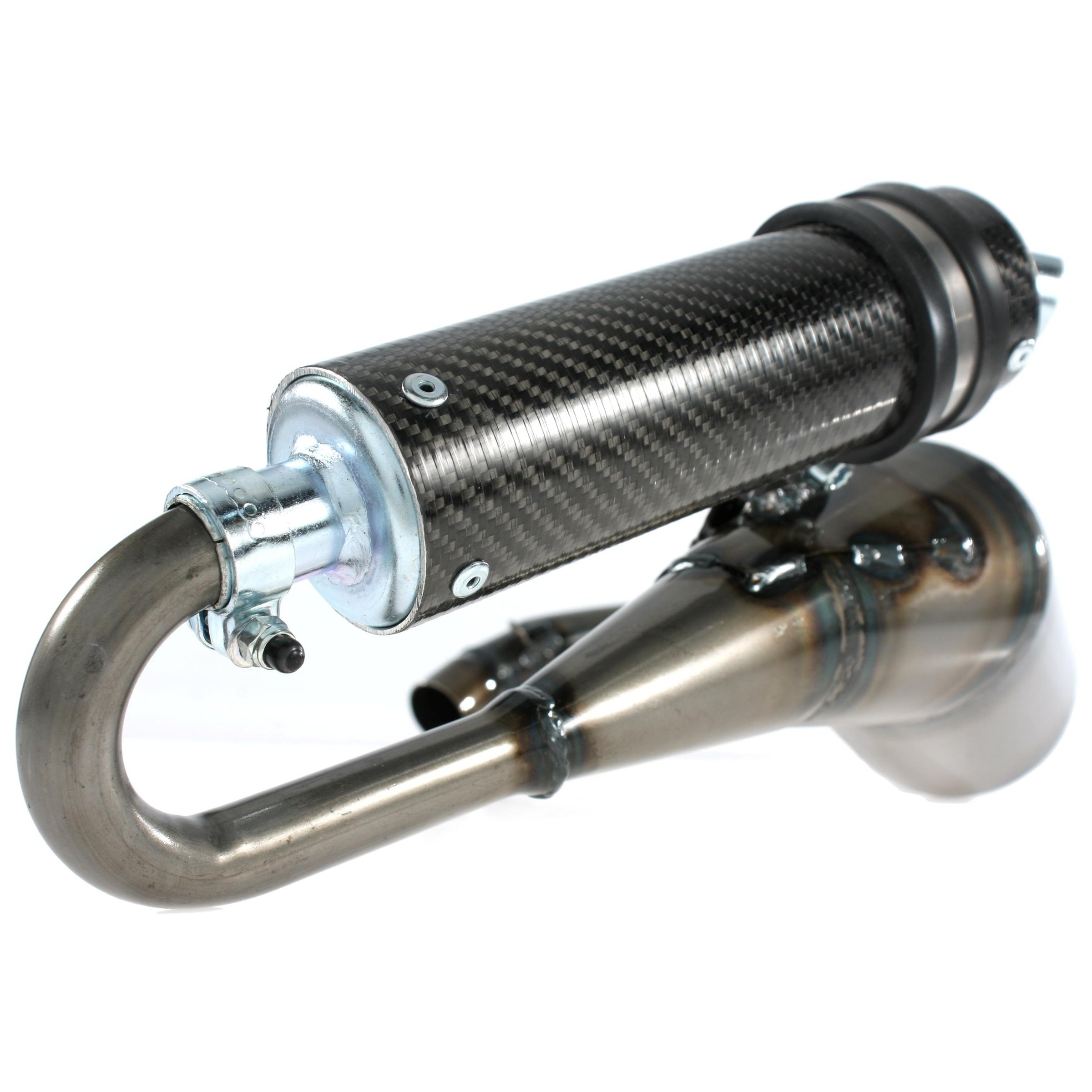 Image of Rennauspuff SIMONINI lefthand Evo, Material: Stahl klarlackiert, Dämpfer: Carbon/Polyamid Farbe (ESD): carbon für Vespa PK80-125 S/PK100-125XL/PK125/ETS/N/XL2 für Vespa PK80-125 S/PK100-125XL/PK125/ETS/N/XL2