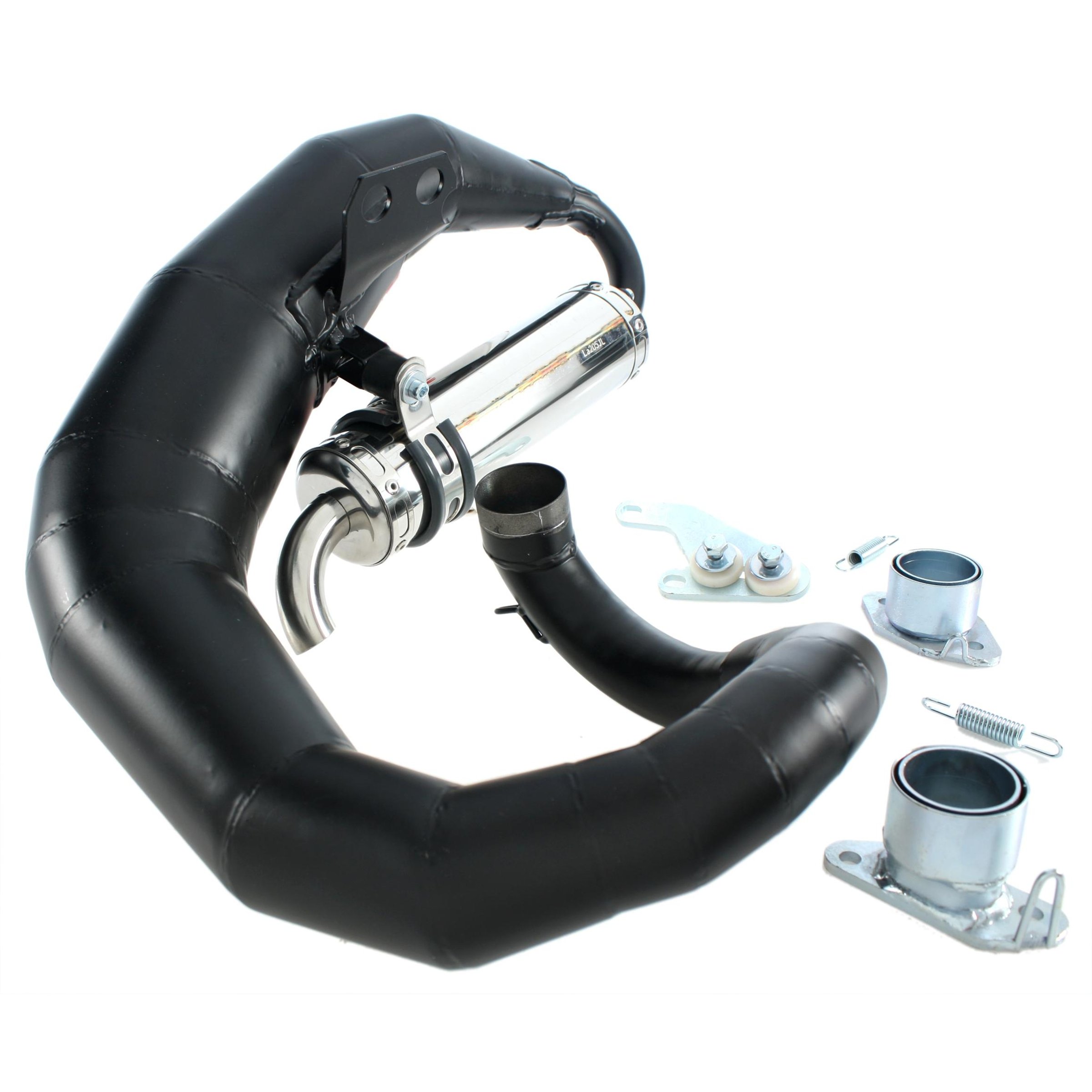 Image of Rennauspuff JL KRP3 "Curly", Material: Stahl schwarz, Dämpfer: Edelstahl Farbe (ESD): silber für Lambretta 125 LI/LIS/DL/GP/150 LI/LIS/SX/DL/GP/175 TV 2°-3°/200 TV/SX/DL/GP für Lambretta 125 LI/LIS/DL/GP/150 LI/LIS/SX/DL/GP/175 TV 2°-3°/200 TV/SX/DL/GP