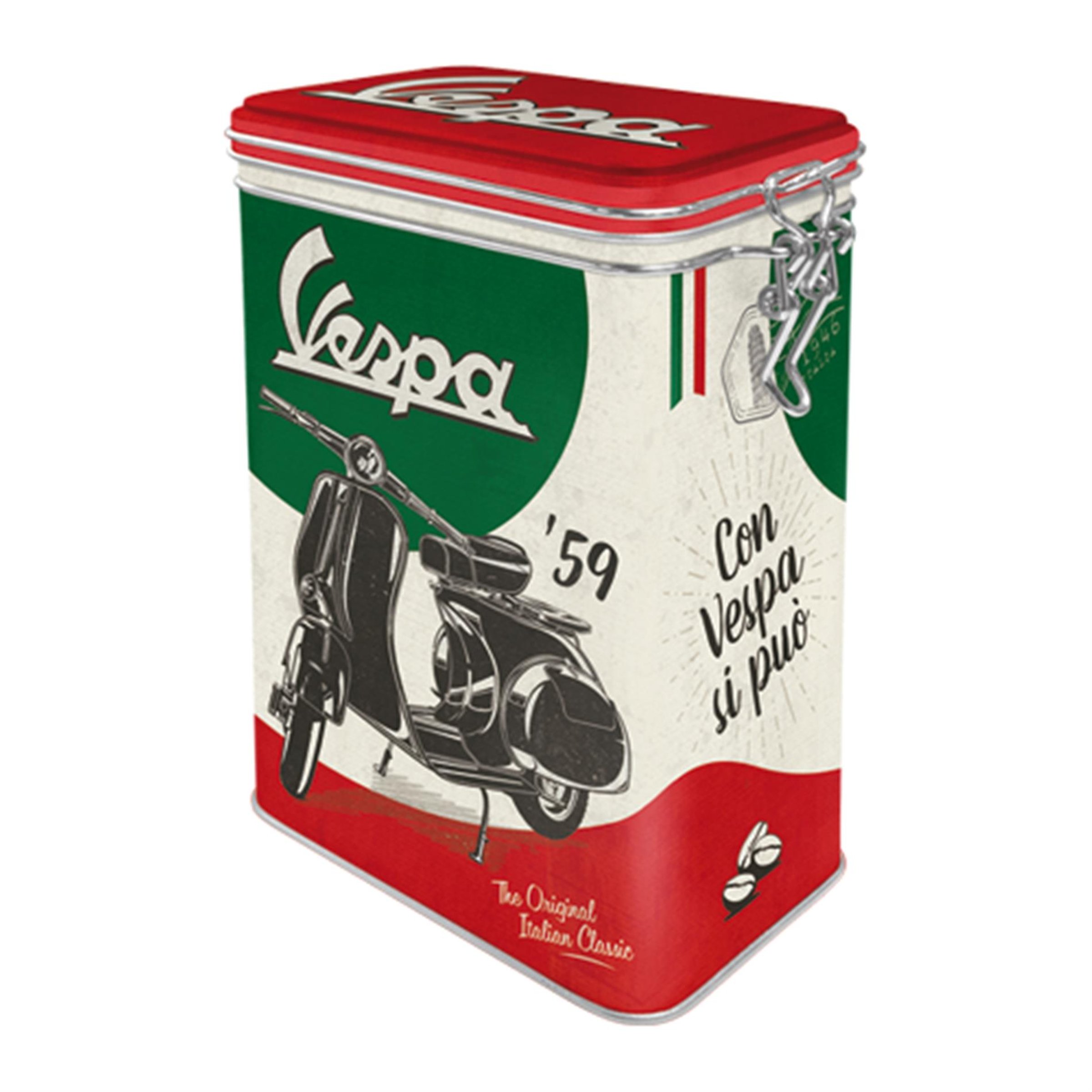 Image of Blechdose mit Motiv Vespa - The Italian Classic Motorroller grün/rot/schwarz/weiß