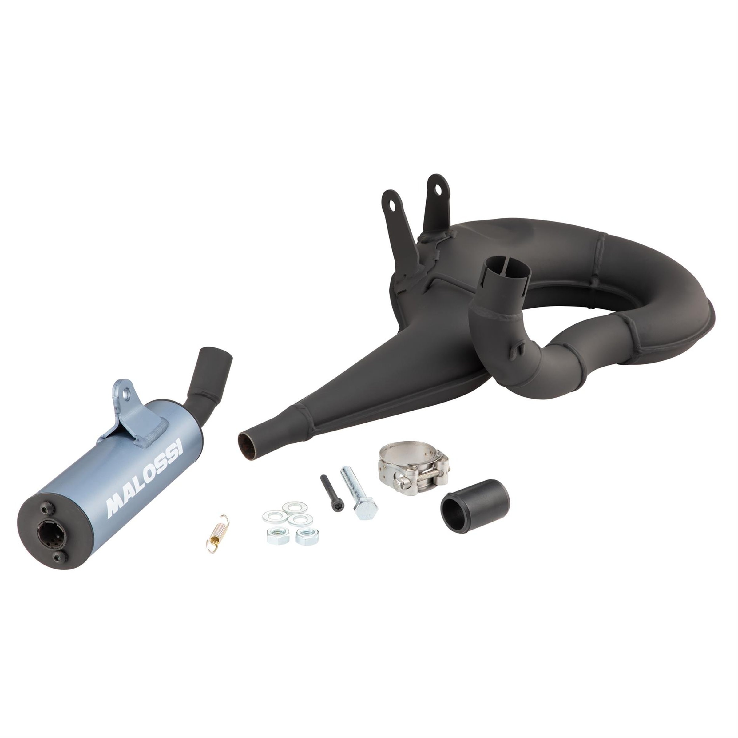 Image of Rennauspuff MALOSSI Power Exhaust 3218741, Material: Stahl schwarz, Dämpfer: Aluminium Farbe (ESD): graublau für LML/Vespa 125 GT/GTR/TS/150 GL/Sprint/V/PX80-150/PE/Lusso/Cosa 1 für LML/Vespa 125 GT/GTR/TS/150 GL/Sprint/V/PX80-150/PE/Lusso/Cosa 1