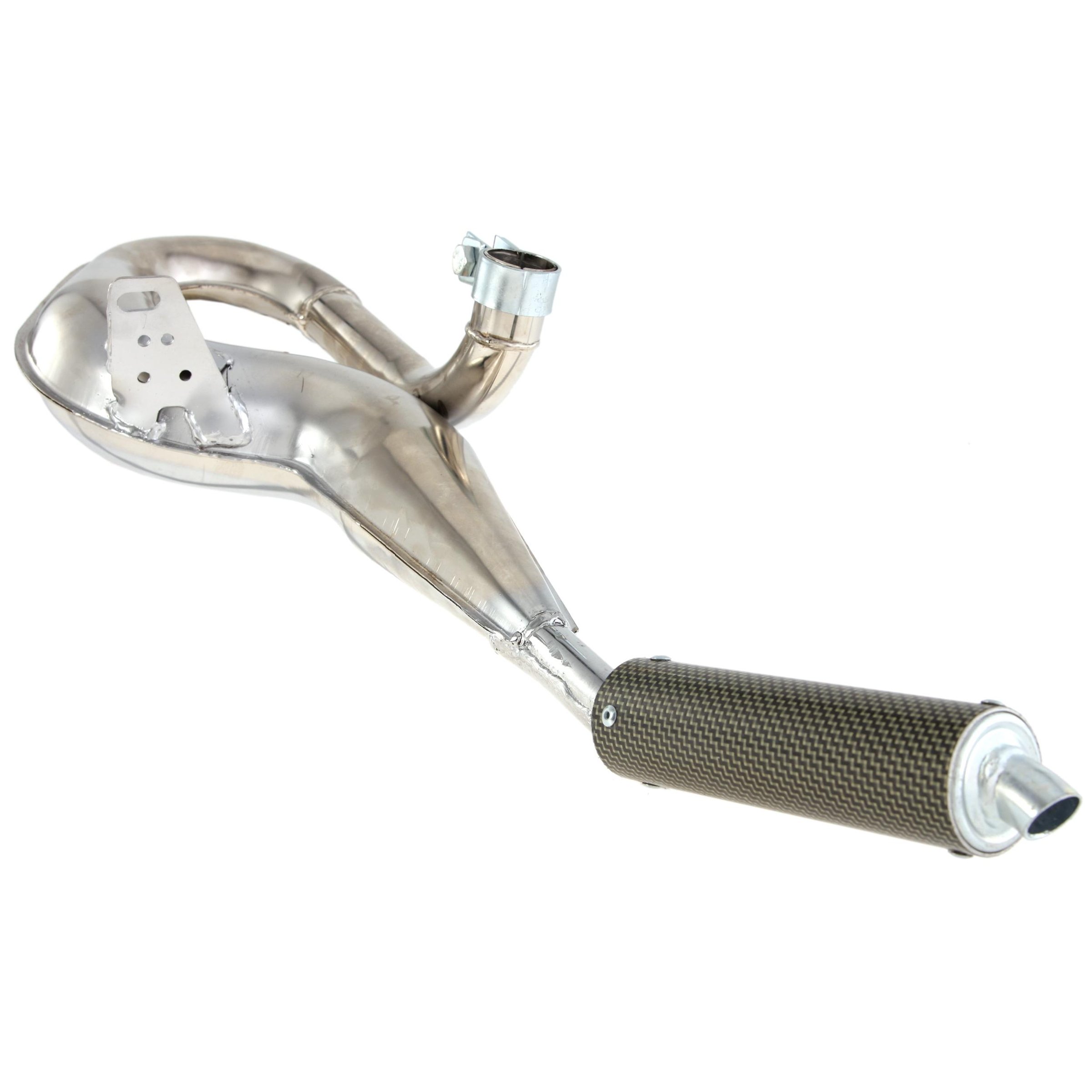 Image of Rennauspuff SIMONINI, Material: Stahl chrom, Dämpfer: Carbon/Polyamid Farbe (ESD): carbon für Vespa 125 GT/GTR/TS/150 GL/Sprint/V/PX80-150/PE/Lusso/Cosa 1 für Vespa 125 GT/GTR/TS/150 GL/Sprint/V/PX80-150/PE/Lusso/Cosa 1