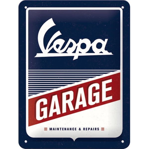 Image of Blechschild mit Motiv Vespa Garage blau/weiß/rot