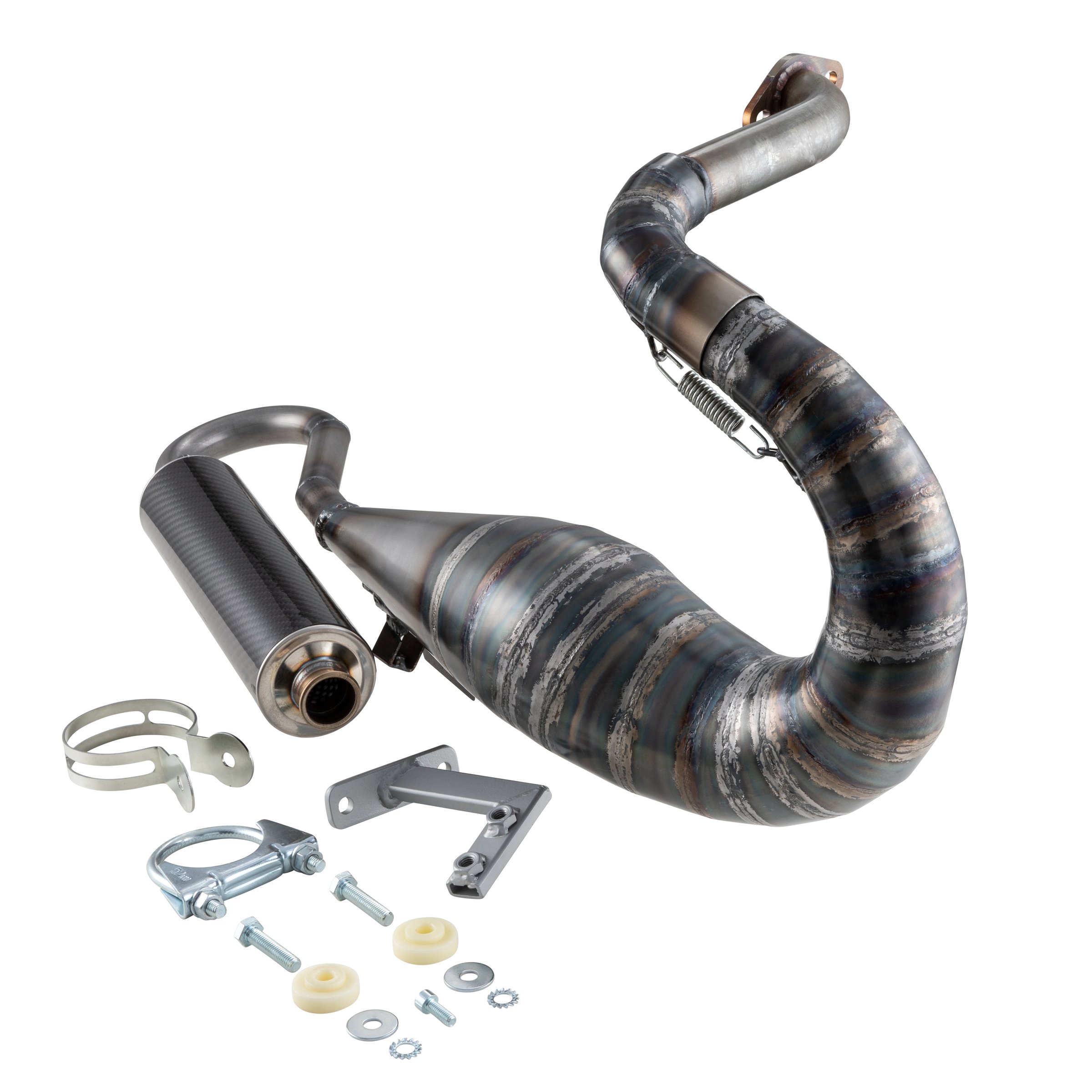 Image of Rennauspuff JL VSP ROAD, Material: Stahl klarlackiert, Dämpfer: Carbon Farbe (ESD): carbon für Vespa 90/R/SS/100/125/PV/ET3 für Vespa 90/R/SS/100/125/PV/ET3
