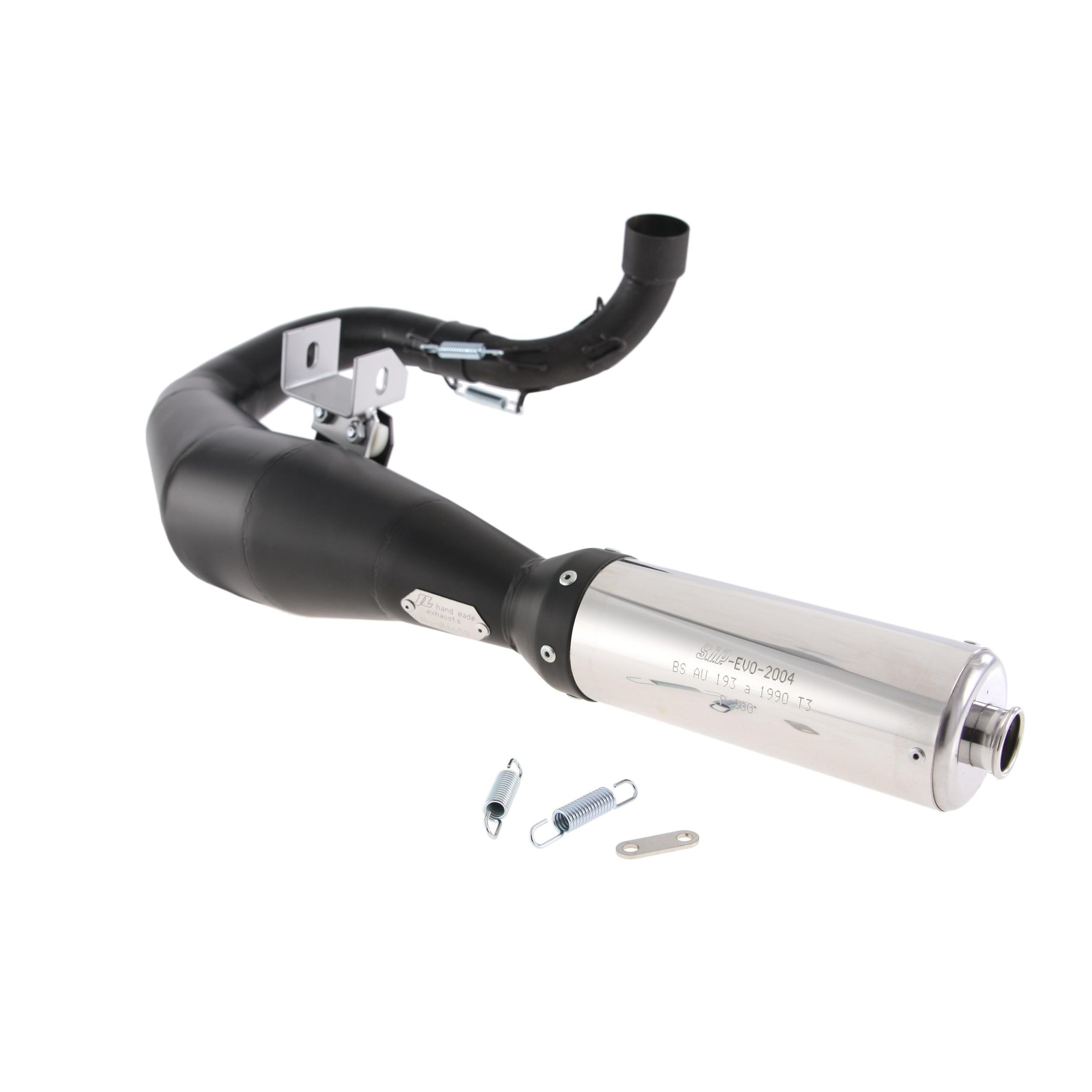 Image of Rennauspuff SIP EVO, Material: Stahl schwarz, Dämpfer: Edelstahl Farbe (ESD): silber für Vespa 200 Rally/P200E/PX200 E/Lusso/'98/MY/Cosa 1 200 für Vespa 200 Rally/P200E/PX200 E/Lusso/'98/MY/Cosa 1 200