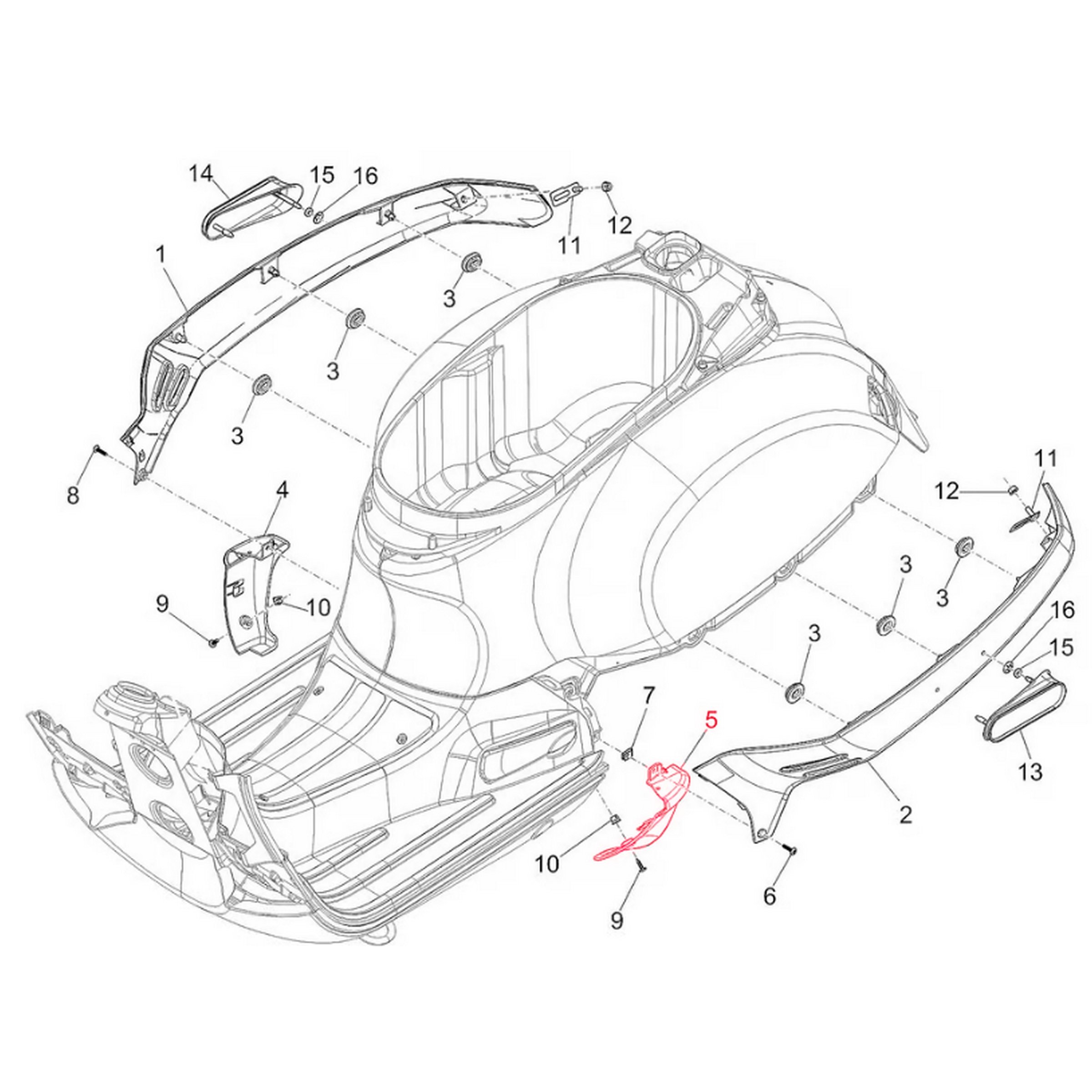 Image of Endstück Unterboden PIAGGIO 1B005803 unten, links für Vespa GTS/GTS Super/GTV 300ccm HPE (`18-) für Vespa GTS/GTS Super/GTV 300ccm HPE (`18-)