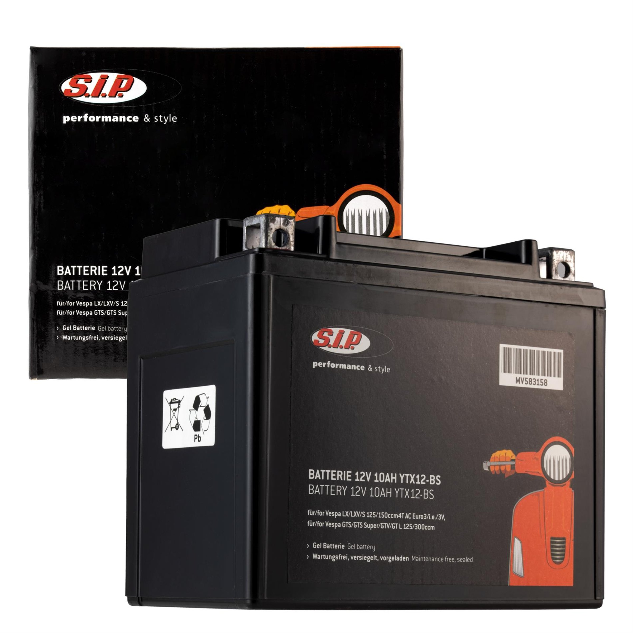 Image of Batterie SIP 12V/10Ah, YTX12-BS für Vespa LX/LXV/S 125/150ccm 4T AC Euro3/i.e./3V für Vespa LX/LXV/S 125/150ccm 4T AC Euro3/i.e./3V