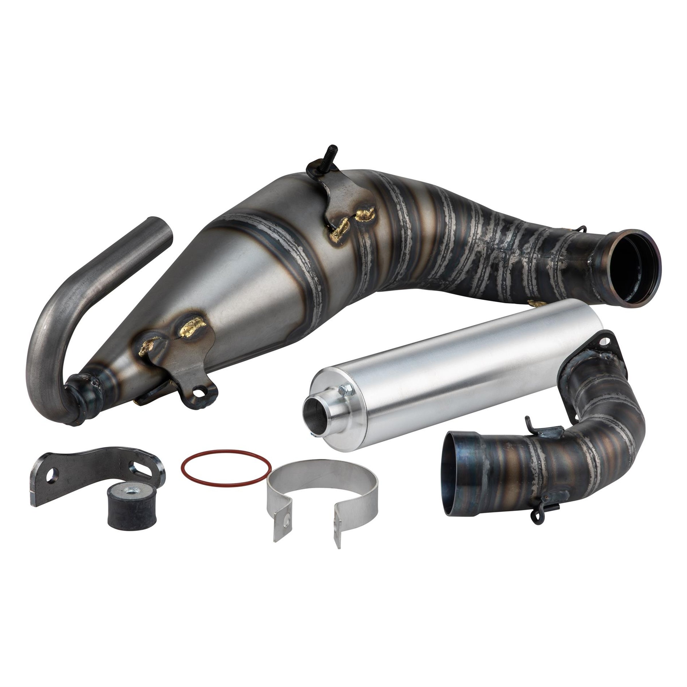 Image of Rennauspuff QUATTRINI M3-150-S, Material: Stahl klarlackiert, Dämpfer: Aluminium Farbe (ESD): silber für Vespa 90/R/SS/100/125/PV/ET3 für Vespa 90/R/SS/100/125/PV/ET3