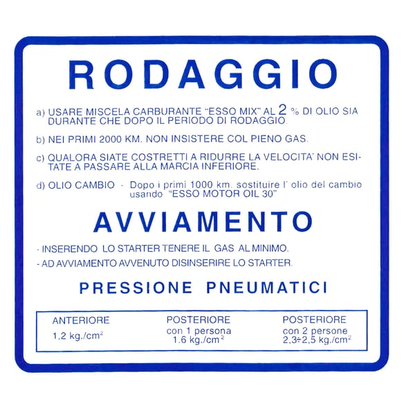 Image of Aufkleber Einfahrvorschrift, RODAGGIO für Vespa 180-200 Rally
