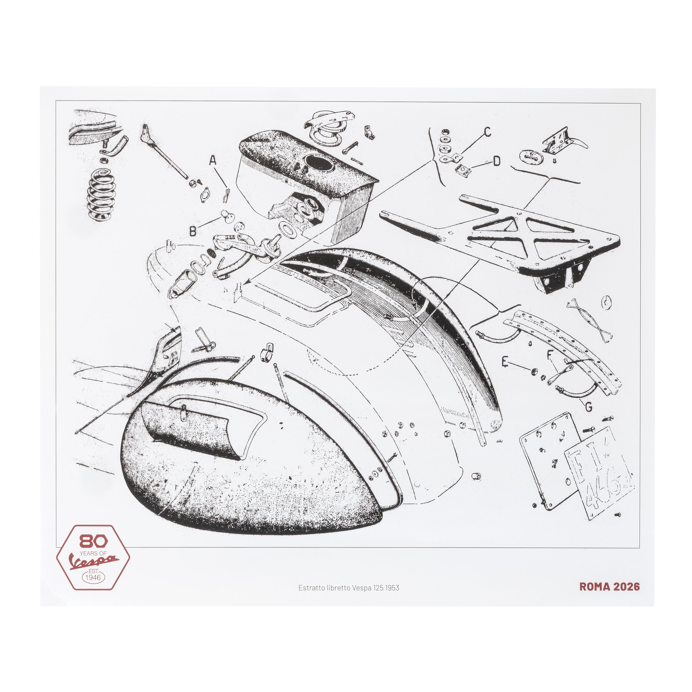 Image of Poster PIAGGIO Vespa 80 Jahre Technische Zeichung