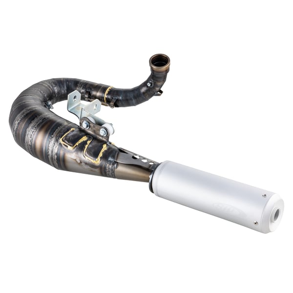 Image of Rennauspuff SIP Performance Mustang 2.1 Silent Design by NORDSPEED, Stahl klarlackiert, Dämpfer: Aluminium Farbe (ESD): silber für Vespa 200 Rally/P200E/PX200 E/Lusso/'98/MY/Cosa 1 200