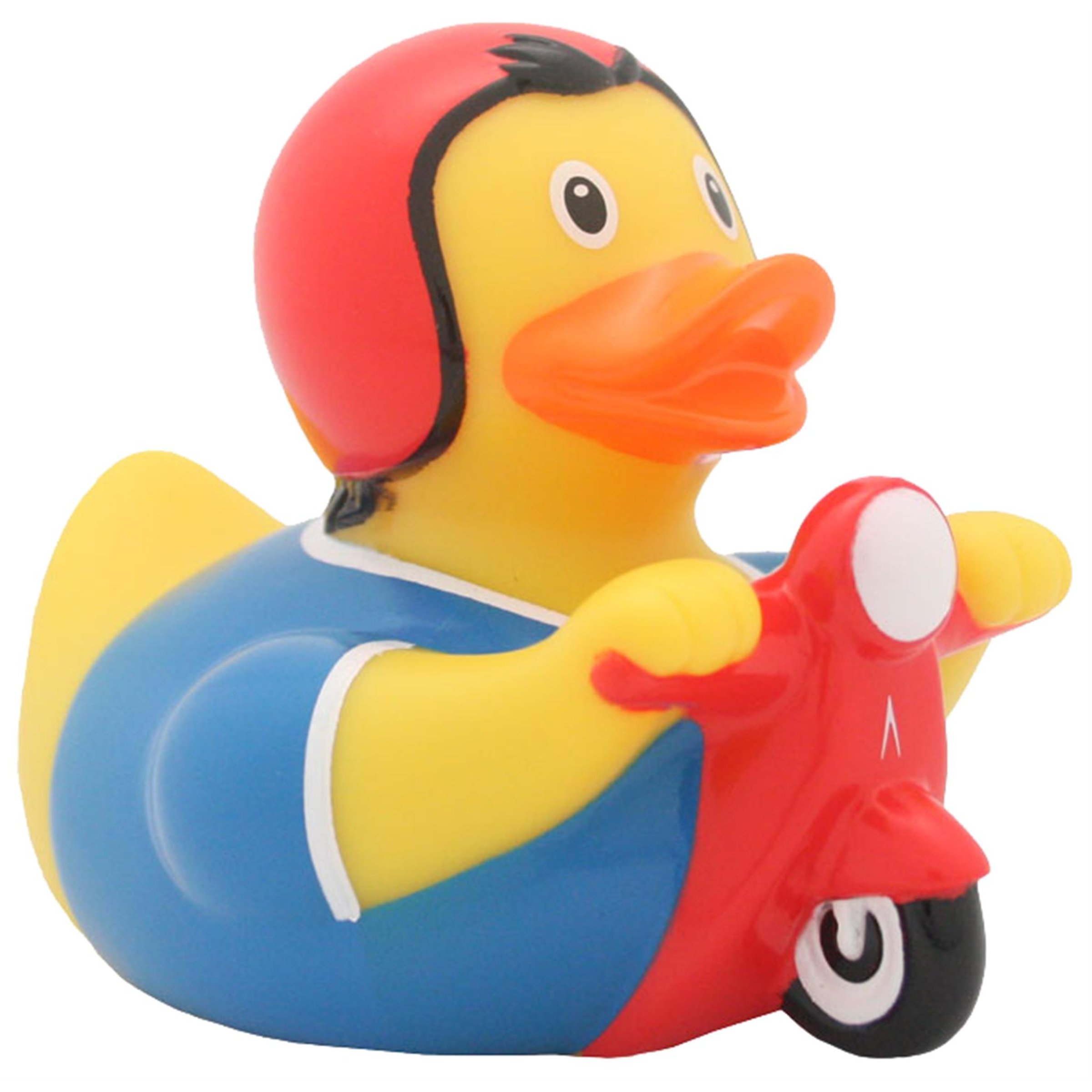 Image of Badeente mit Motiv Vespa Motorroller blau/rot/gelb