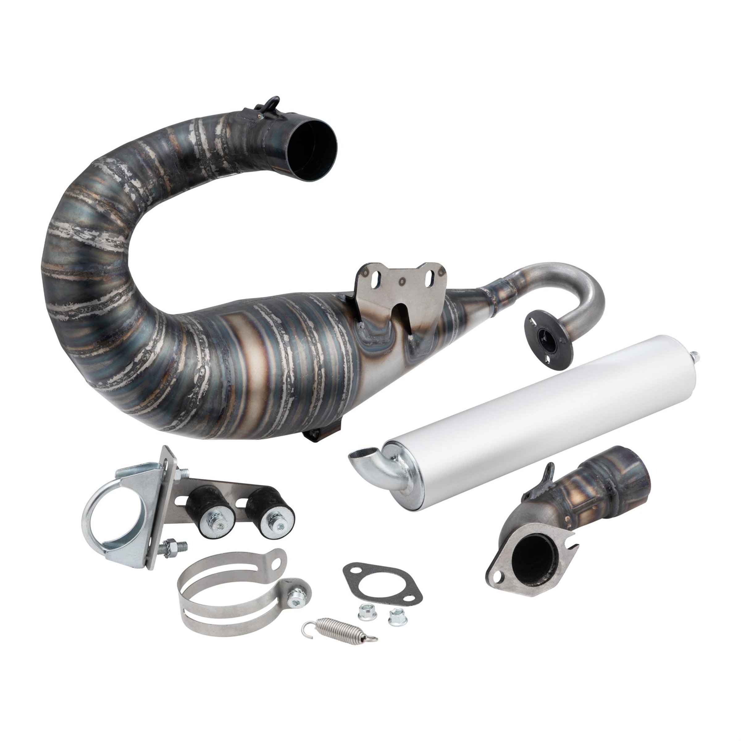 Image of Rennauspuff VMC EVO, Material: Stahl unlackiert, Dämpfer: Aluminium Farbe (ESD): silber für Vespa 90/R/SS/100/125/PV/ET3 für Vespa 90/R/SS/100/125/PV/ET3