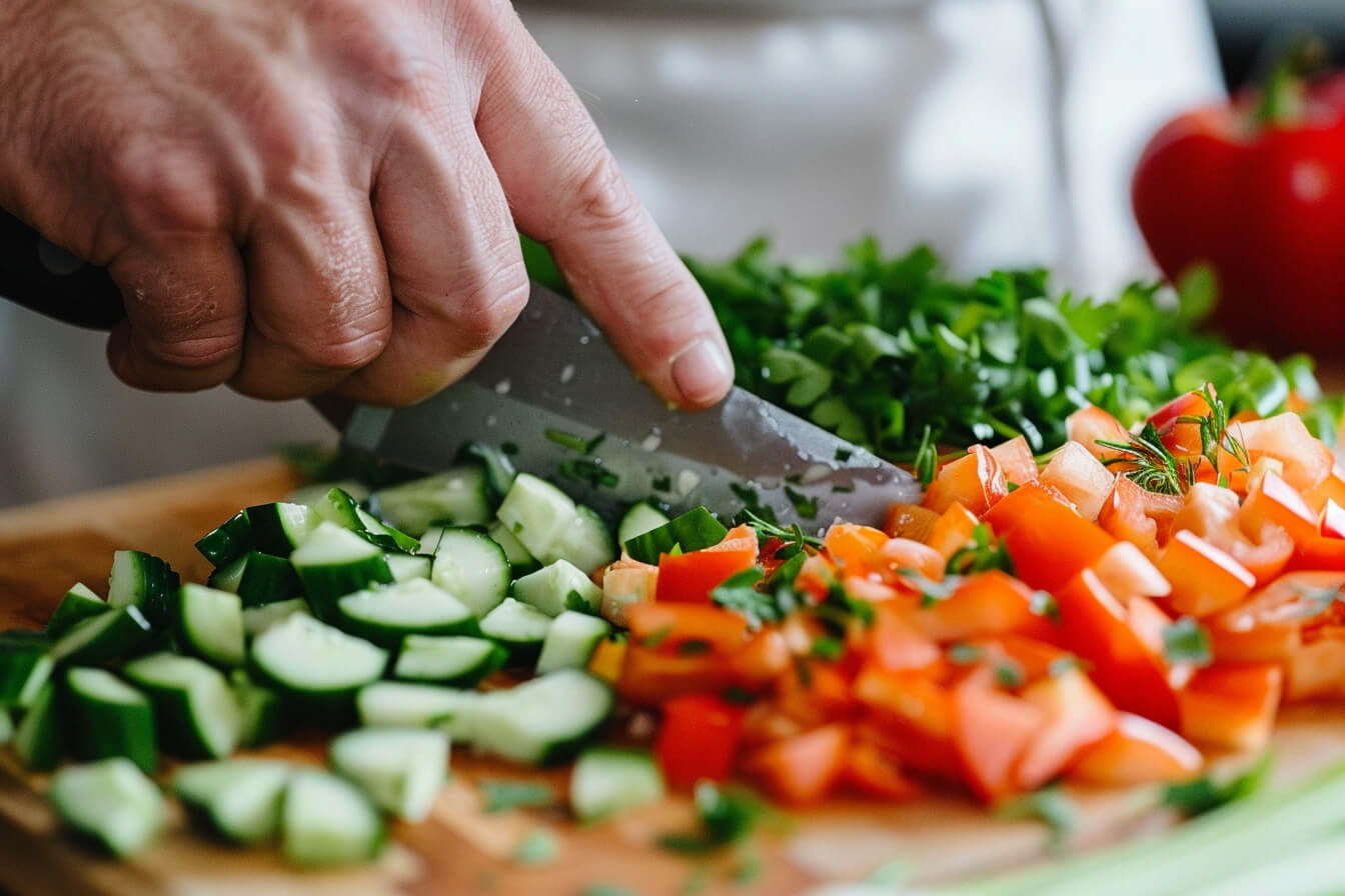 A man cuts veggies to develop chef skills