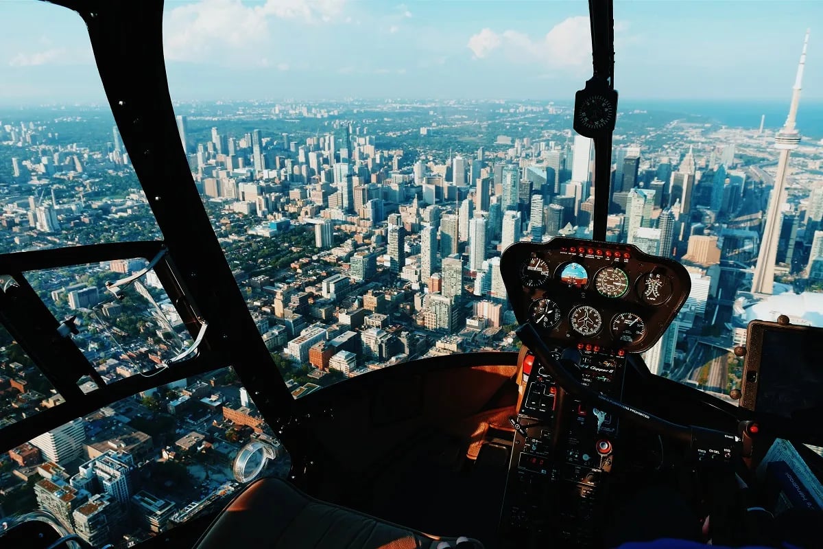 city view from the cockpit of an airplane