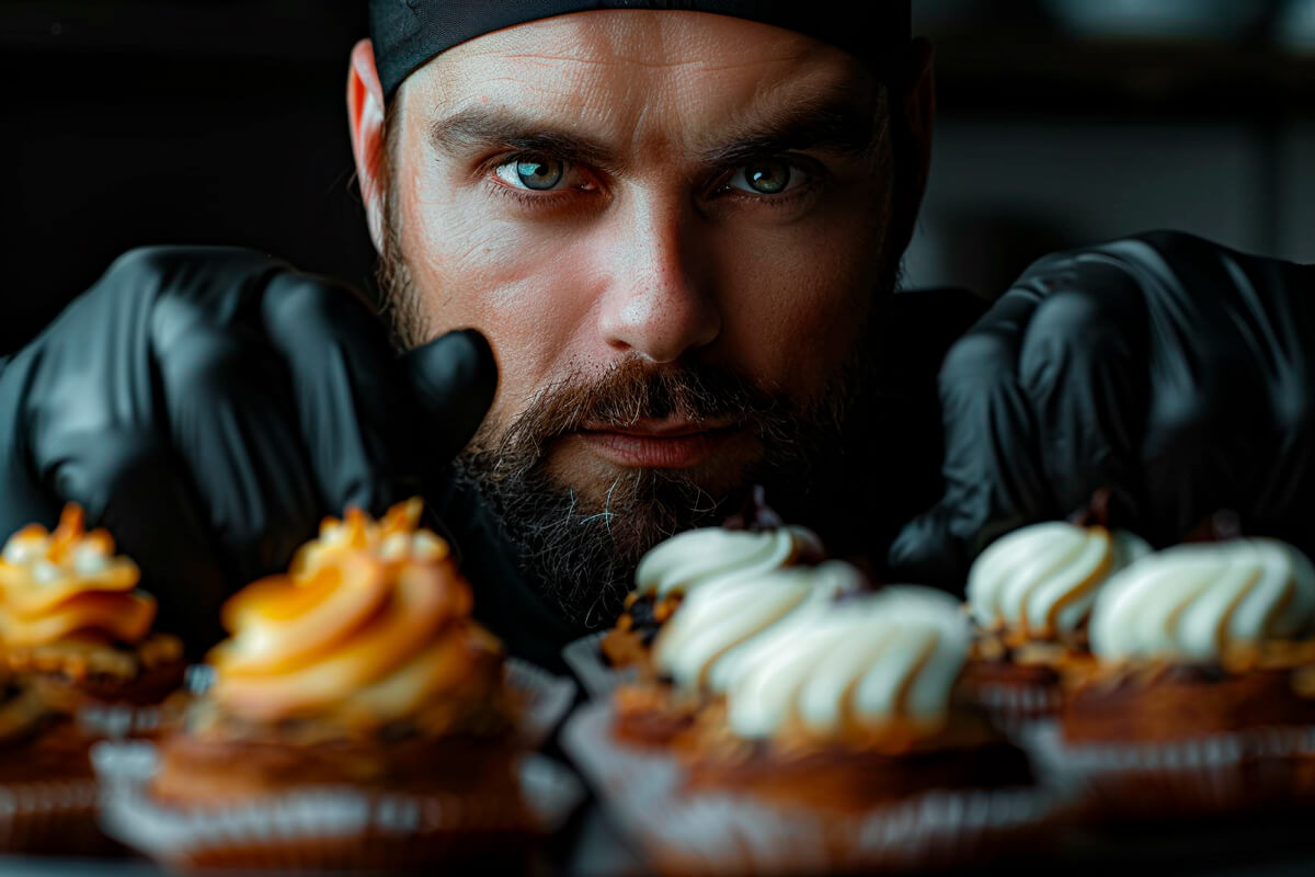 Executive pastry chef in black gloves