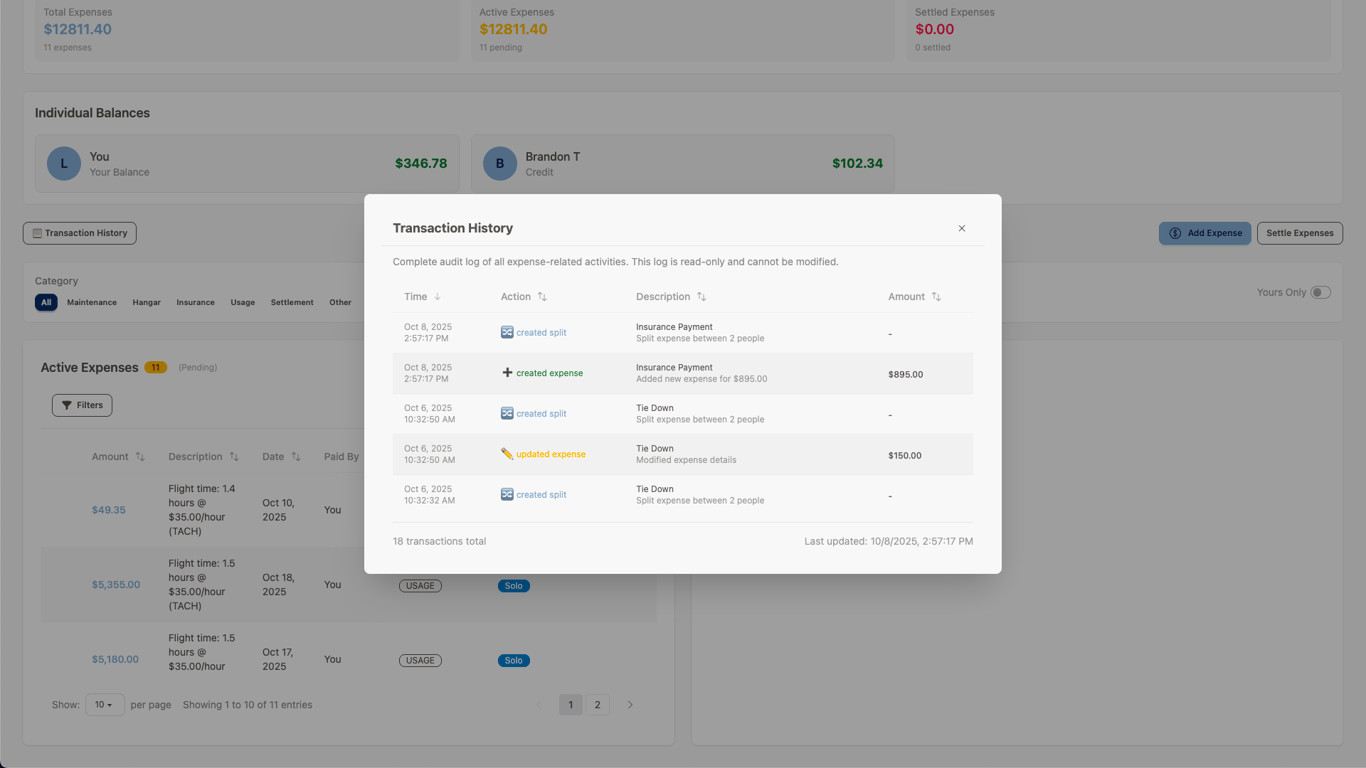 Aircraft Expenses Transaction History