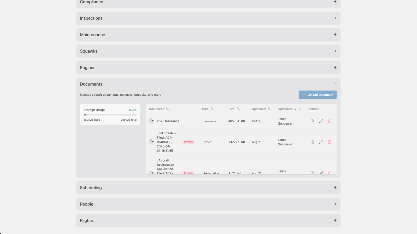 Documents on Aircraft Details Page