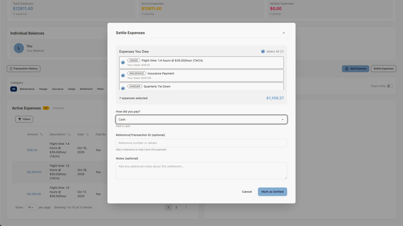 Aircraft Expenses Settling