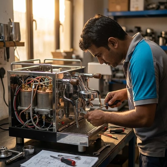 FAJ technician repairing a commercial espresso coffee machine