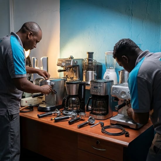 FAJ technicians servicing small home appliances in the Dubai workshop