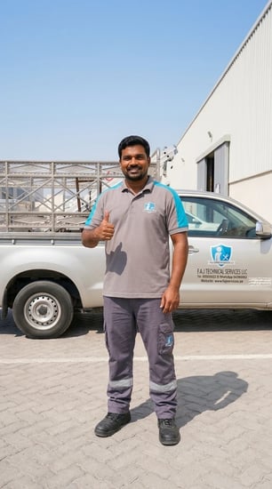 FAJ Technical Services technician standing beside a service vehicle