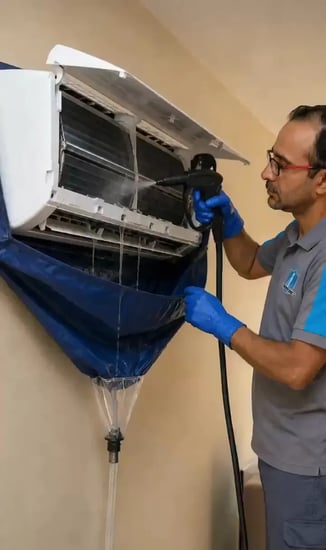 FAJ technician carrying out annual air-conditioning maintenance in Dubai
