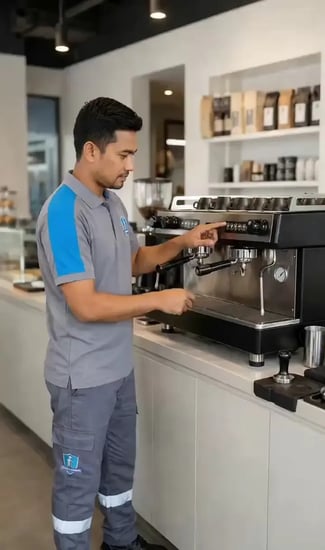 FAJ technician servicing a professional commercial coffee machine