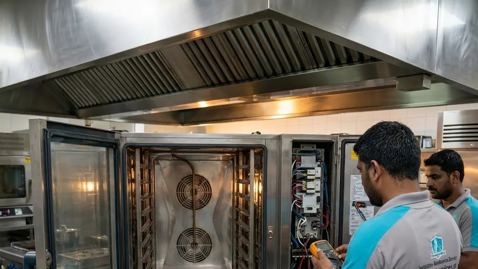 FAJ engineers maintaining commercial kitchen equipment