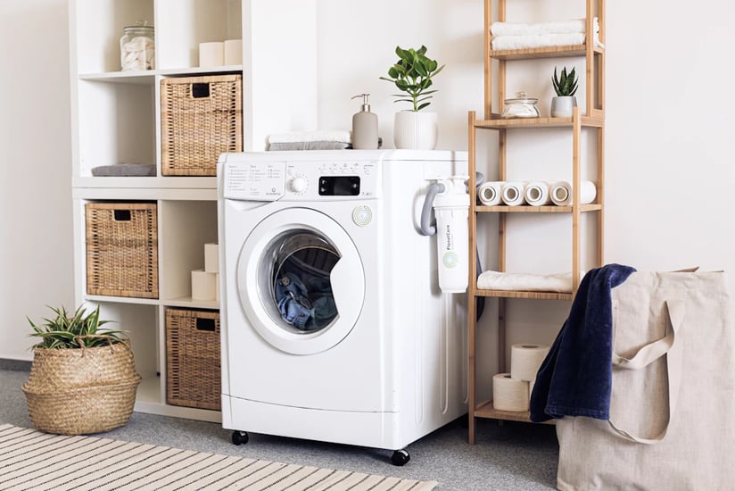 Top-loading washing machine in a modern laundry room