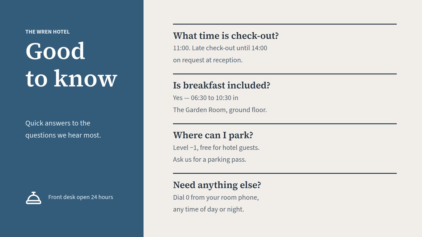 The Wren Hotel — Good to Know — Digital Signage Template | SignageSpace