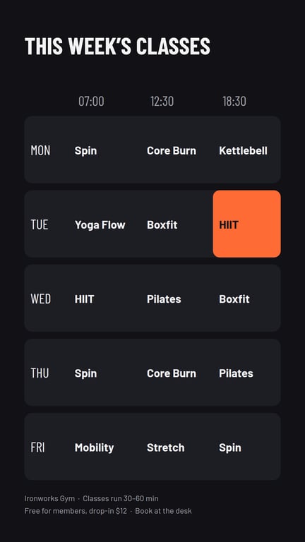 Ironworks Gym — Class Timetable (Portrait) — Digital Signage Template ...