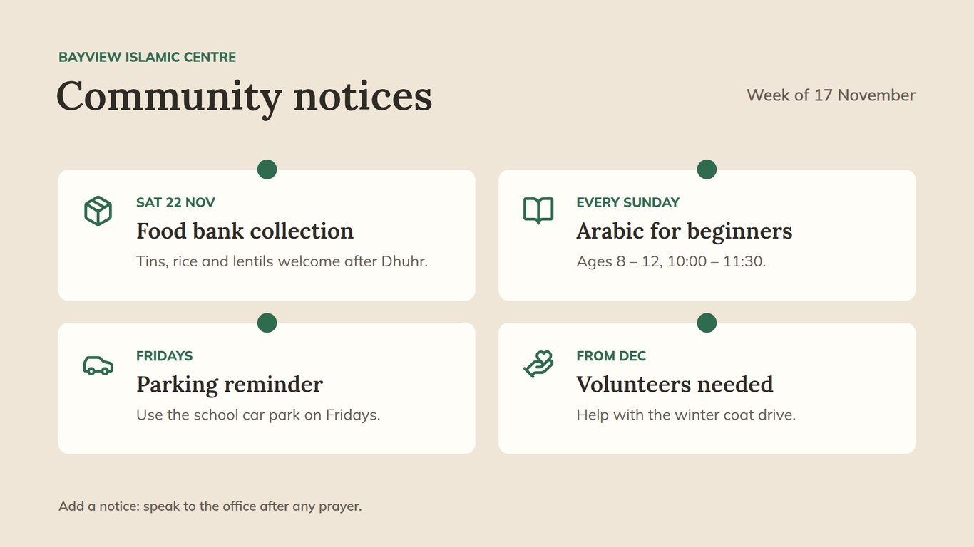 Bayview Islamic Centre — Notice Board — Digital Signage Template ...