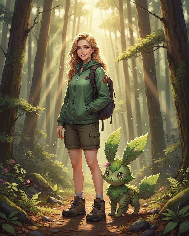 A cute grass-type pokemon, resembling a shy forest spirit with rabbit ears made of leaves. It's peeking out from behind the leg of a young, friendly female trainer in hiking gear, in a sun-dappled forest.