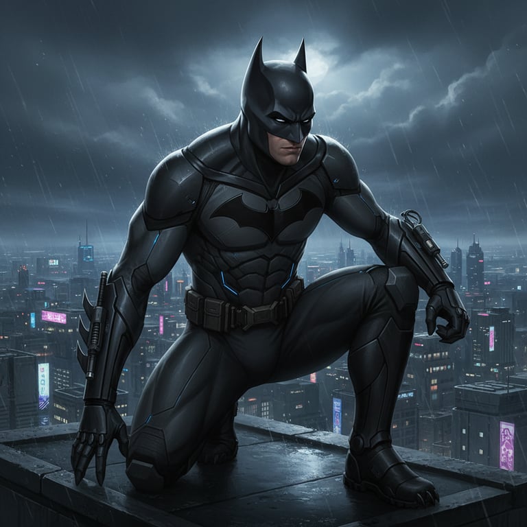 Concept art of a stealth-oriented Batman suit, matte black finish, reduced silhouette, integrated gadgets on the forearm, posed on a skyscraper roof.